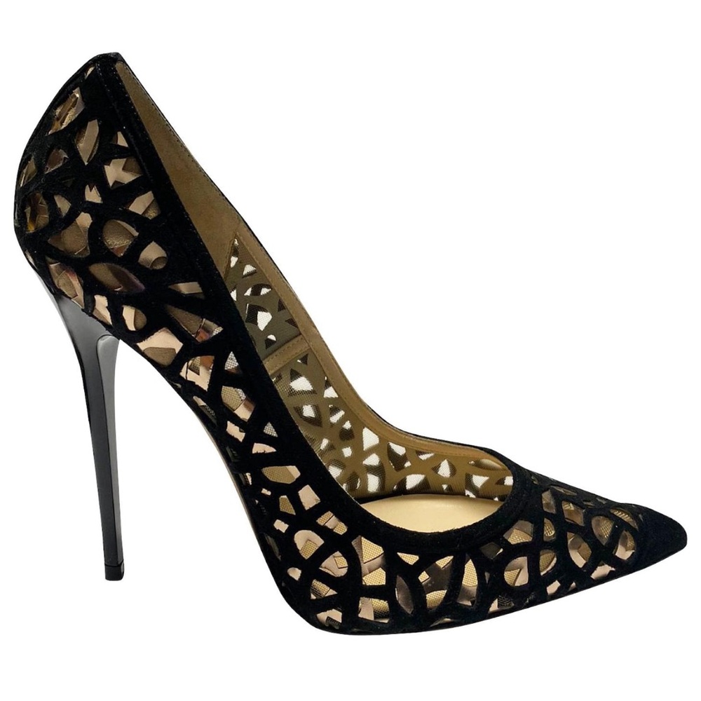 Jimmy Choo Black Perforated Suede Pump with gold underlay.